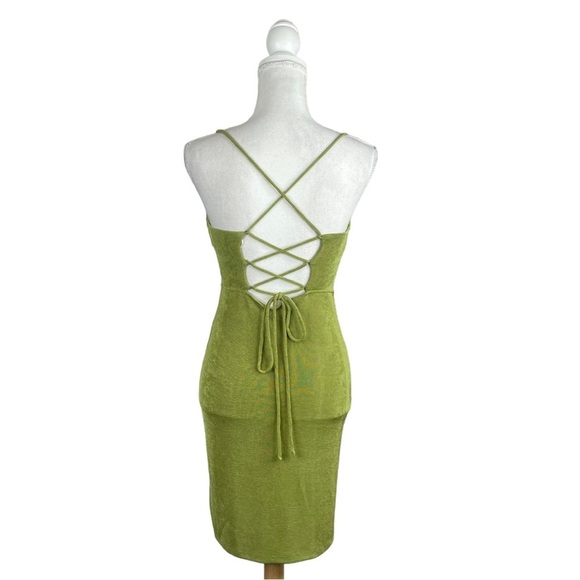 Princess Polly Aaliyah Mini Dress Retro Green Bodycon Silhouette Lace Up Back - Picture 7 of 11